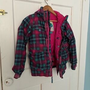 Burton Girls Plaid Hooded Puffer ski Jacket in Pink & Teal